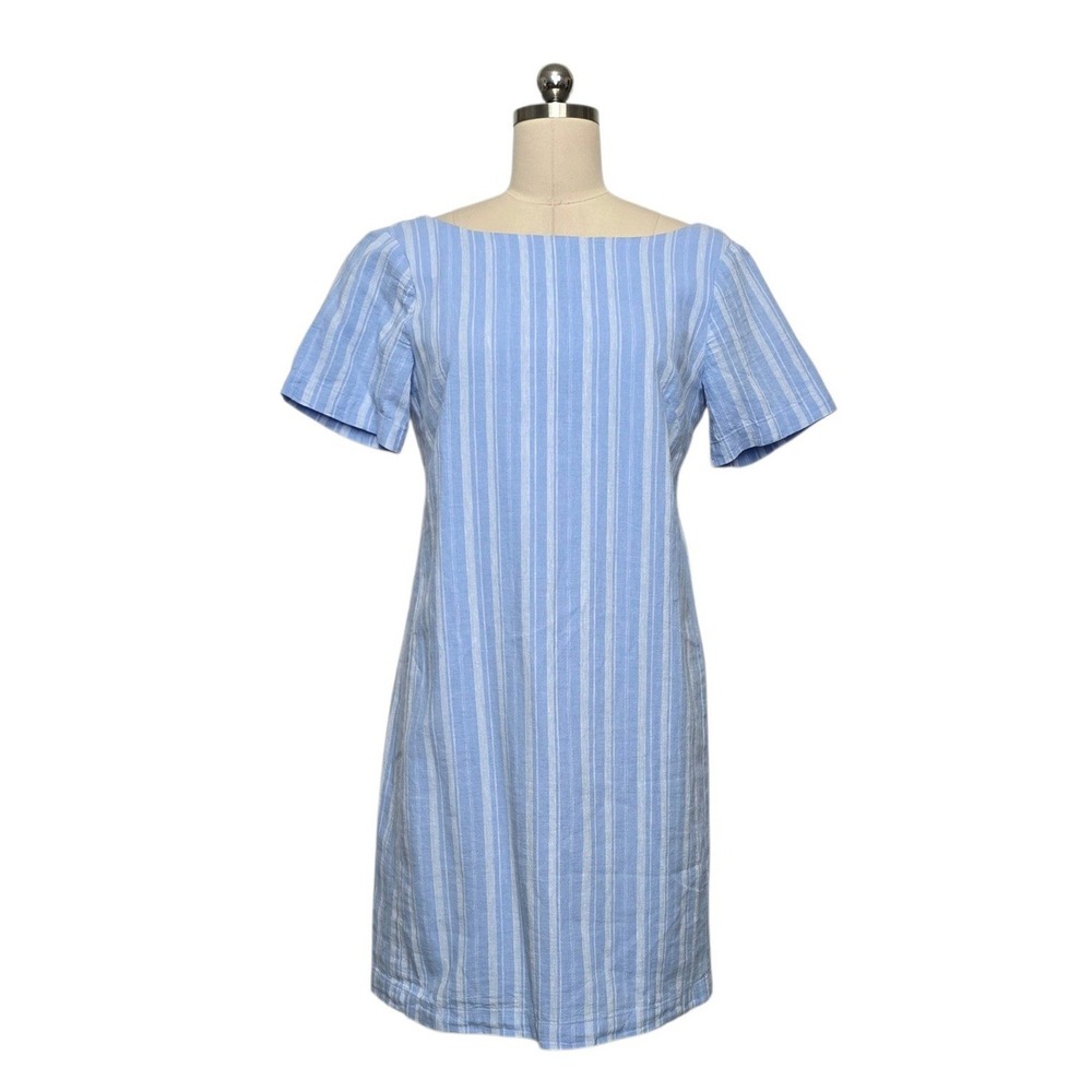 Anthropologie Blue White Striped Linen Cotton Bow Back Shift Dress Size 6